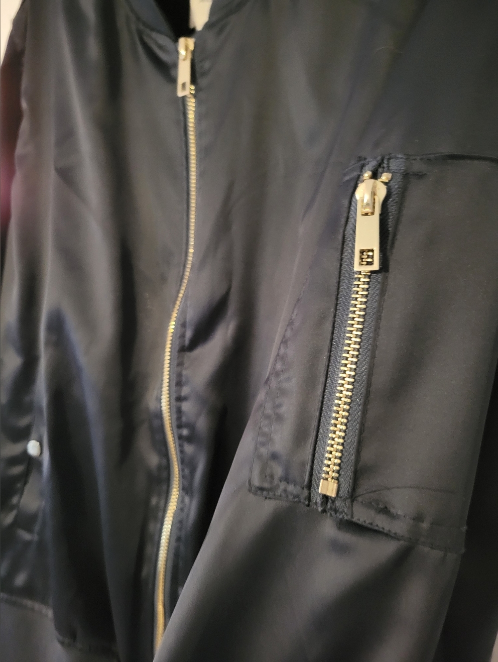Ardene Navy Satin Bomber Jacket with Gold Zipper SZ. L - Picture 6 of 9